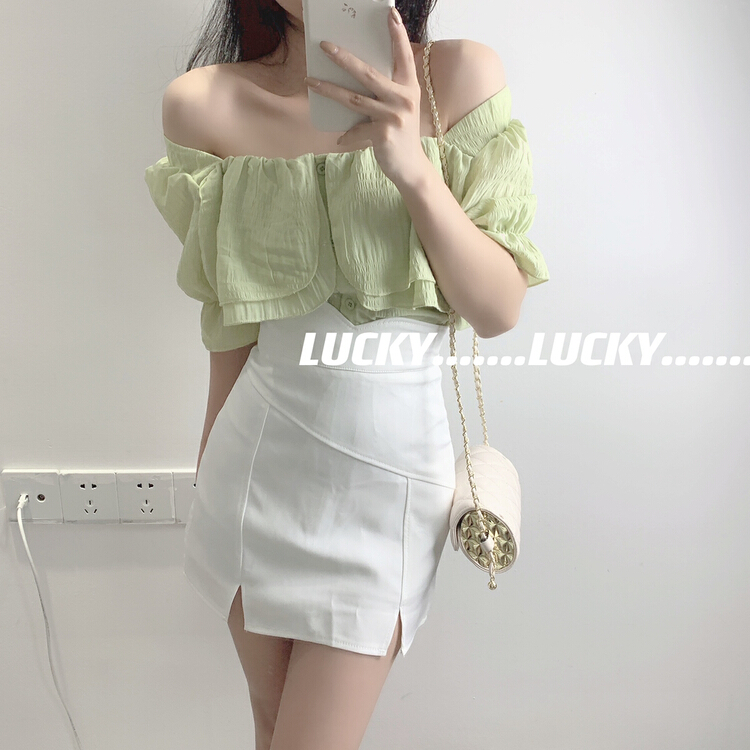 New in early summer! [lucky] square neck exposed clavicle bubble sleeve Vintage shirt 8634# zxx