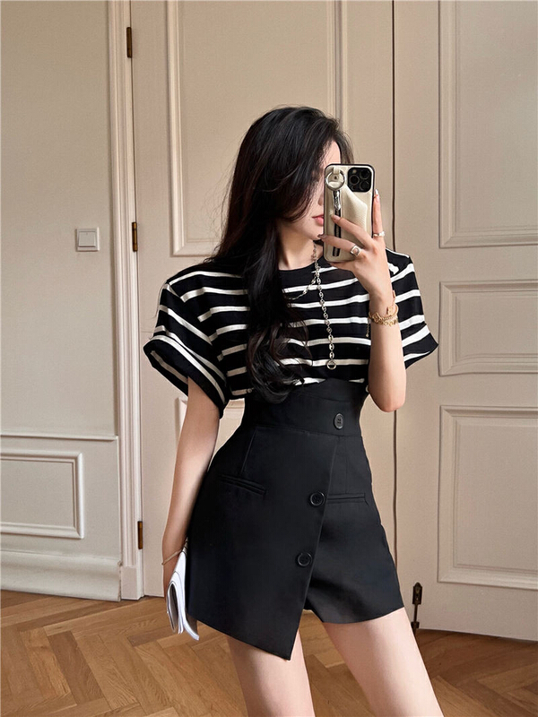 [yes] Korean round neck stripe short sleeve T-shirt + irregular High Waist Shorts Set 55018# ozq