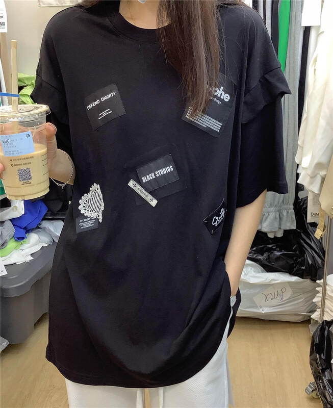 [DMX] crew neck color blocking comfortable short sleeve T-shirt d6868# L