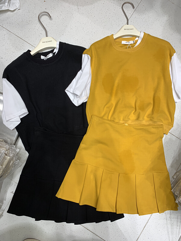 [benwo] patchwork design Vintage short sleeve T-shirt + high waist skirt set 0691\cls