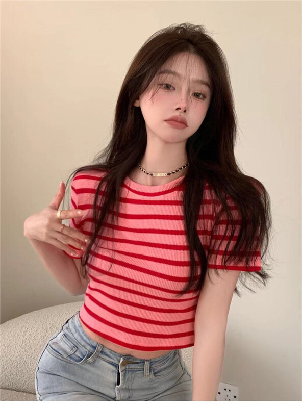 Original price 39.00! New in early summer! [Xiangli] round neck slim fit short stripe short sleeve T-shirt 8132# PCZ