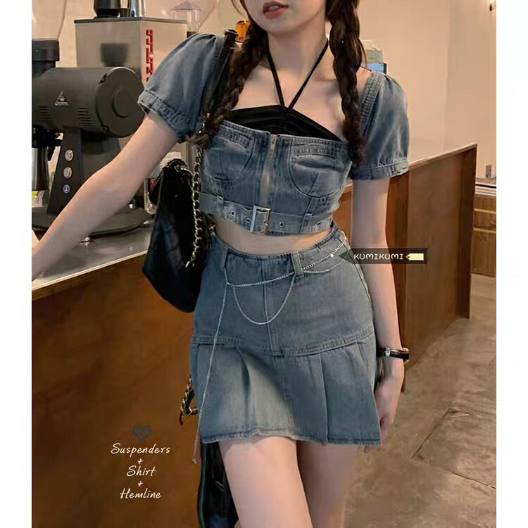 [L.L studio] sweet and cool denim shirt + slim and versatile Skirt Set (with bra and waist rope) 7900# PCZ