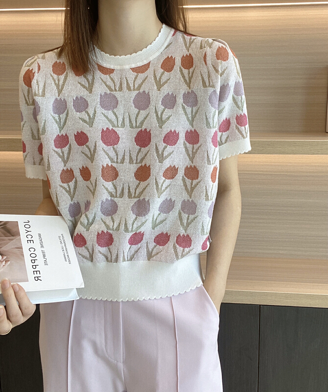 New in early summer! [huole] flower linen ice silk short sleeved sweater 8405# WTT