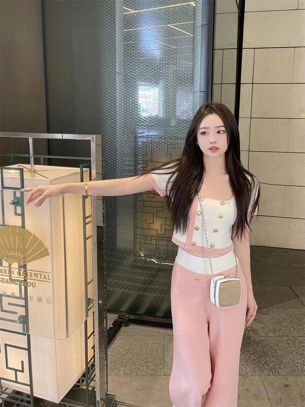 [koumiya] Xiaoxiang slim fit color contrast Top + loose and thin casual pants set 100# PCZ