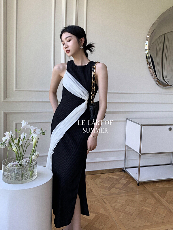 [le lart] original high-grade fashionable French pure desire style design feeling spell yarn sleeveless dress ll2817# XYJ