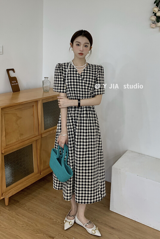 [y.jia Yijia] simple and gentle V-neck Plaid one-piece dress ys1-1025# PCZ