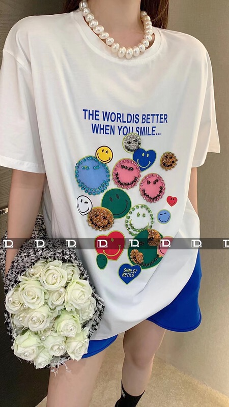 In early summer! [original by tangdou] Nail Drill smiling face loose short sleeve T-shirt 9525\wtt