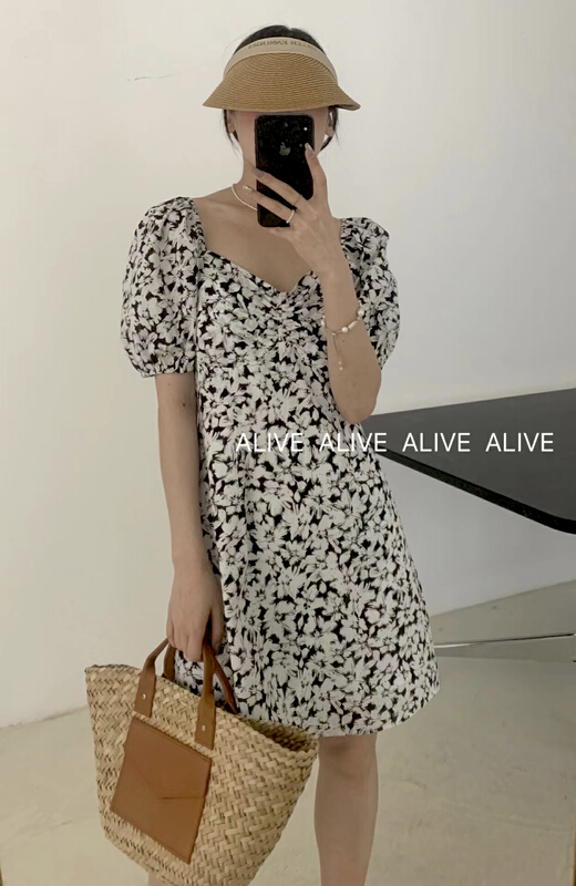 [alive] French small square neck Printed Dress 13262# lwy