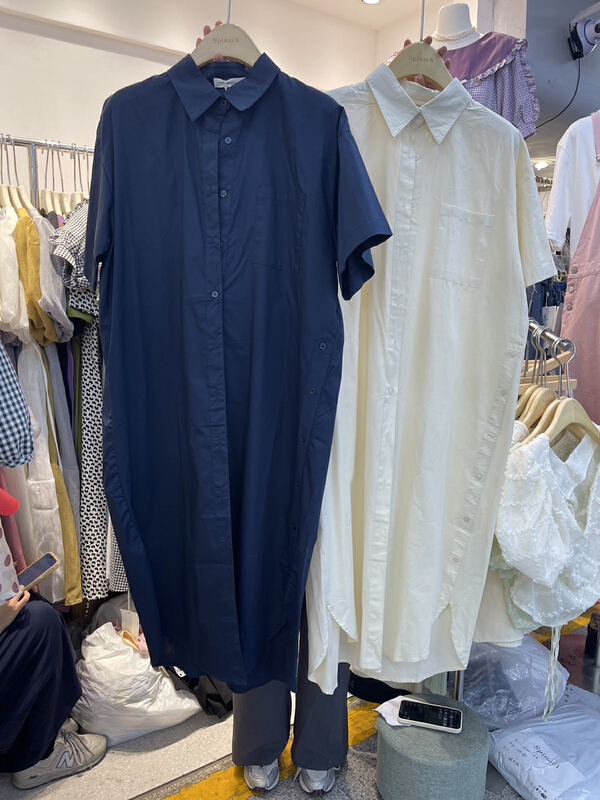 [spinach home] simple casual single breasted loose short sleeved dress 6968# HBx