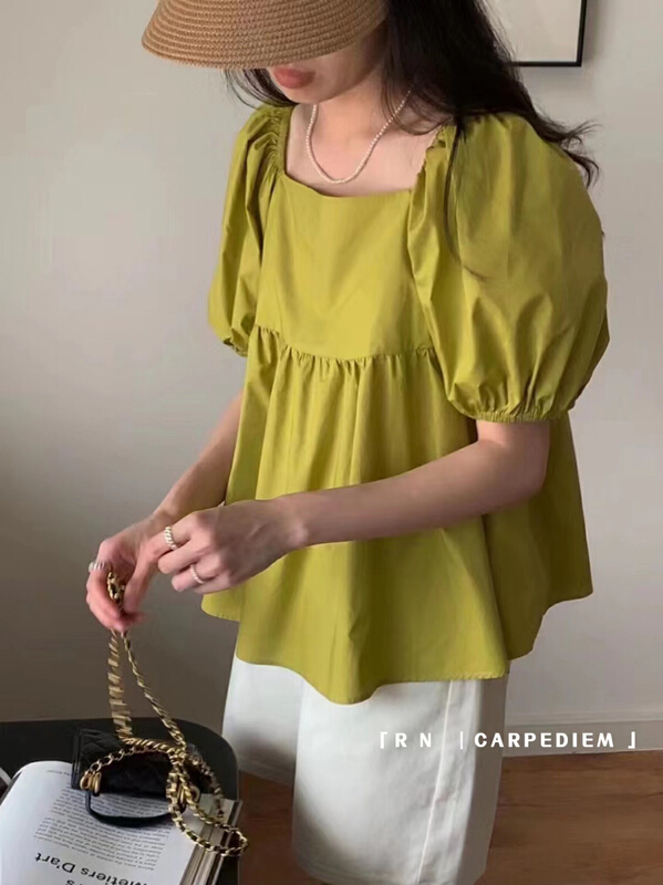 [R n] French temperament square neck open back lace up loose bubble sleeve blouse 81036# ll