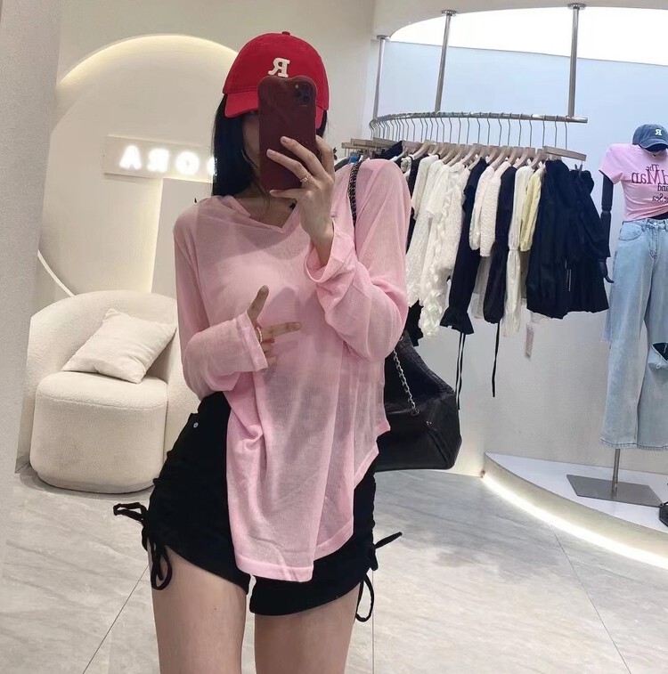 [toko. Z] solid color loose V-neck shoulder pad sunscreen shirt 22139# cqw