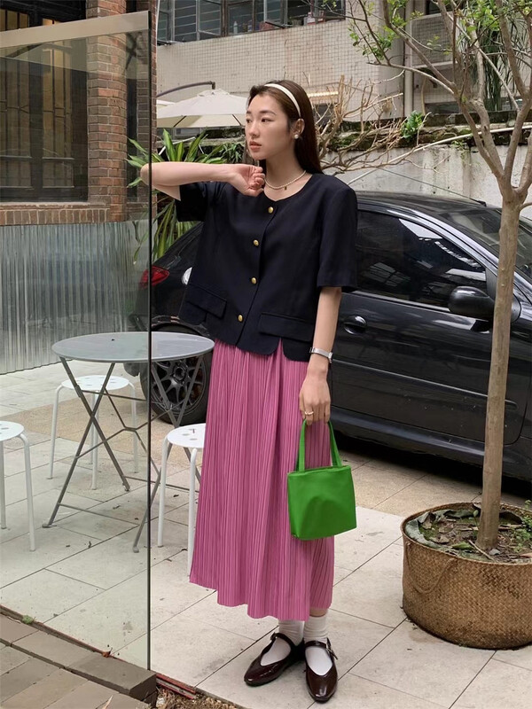 goods in stock! New in early summer! [Las celula] French temperament pleated medium length skirt 3571# zxx