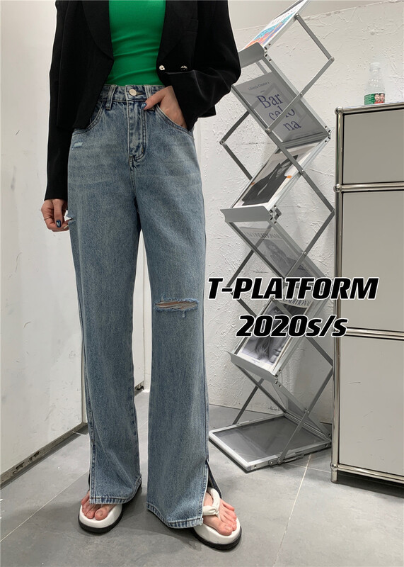 原價111.97! 【T-PLATFORM】韓系闊腿破洞牛仔褲  8215#  ZXX