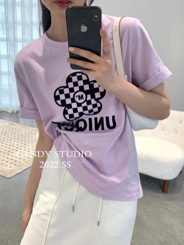 goods in stock! [candy] personalized checkerboard flower Casual Short Sleeve T-shirt (with detachable flowers) b3086# ZSY