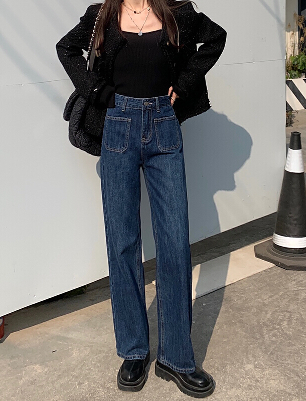 New year in early spring! [timely rain] Han Feng ins Retro High waist straight tube loose thin wide leg jeans 25796# YYW