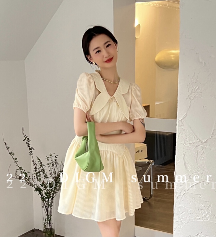 [digm] French temperament design, lattice stitching, waist closing and thin dress 3514-1# zxx