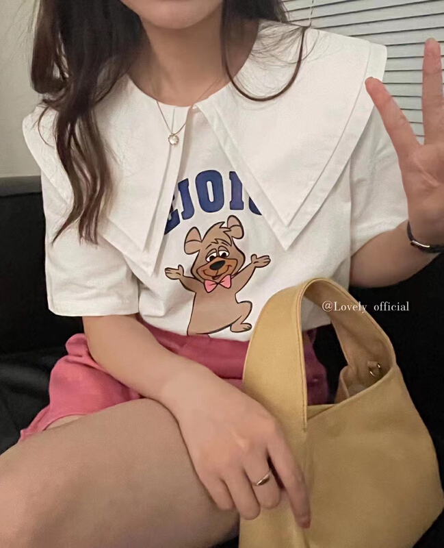 New in early summer! 【 love 】 versatile casual age reducing cartoon printed doll neck short sleeve T-shirt z0925# HBx
