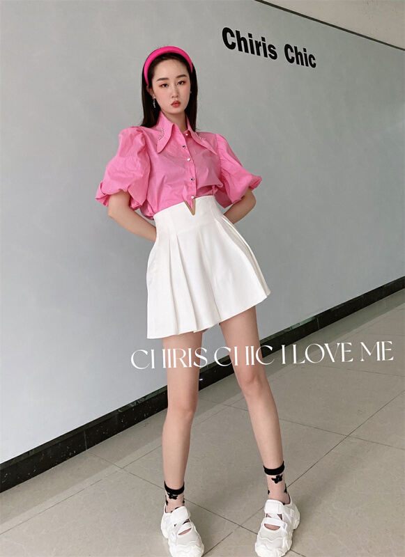 goods in stock! New in early summer! [iris chic] bubble sleeve button up solid color shirt 220102# ozq
