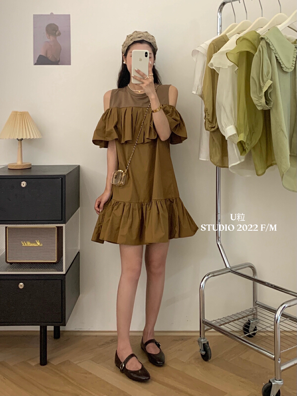 [U grain] Korean stitched lotus leaf collar off the shoulder dress 5531# HBx