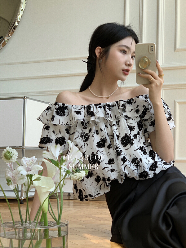 [le lart] original high fashion French Ruffle off shoulder one-line collar Flower Chiffon Blouse ll2799# XYJ