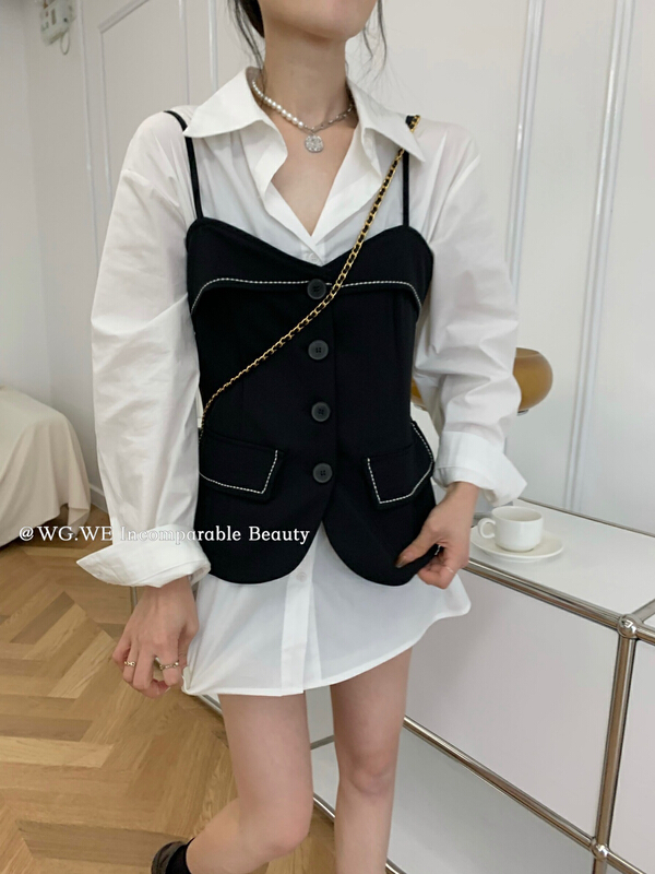 New year in early spring! [wgwe] French Chic suspender Vest + white shirt two piece suit 1099# PCZ