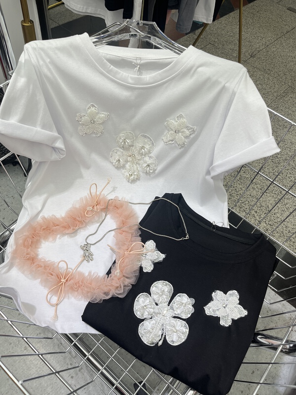 [Irene] heavy craft flower Pullover short sleeve T-shirt 2282# WTT