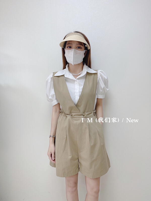 [i'm] Korean pure color bubble sleeve shirt + casual Jumpsuit two piece suit ys1-8818\cqw