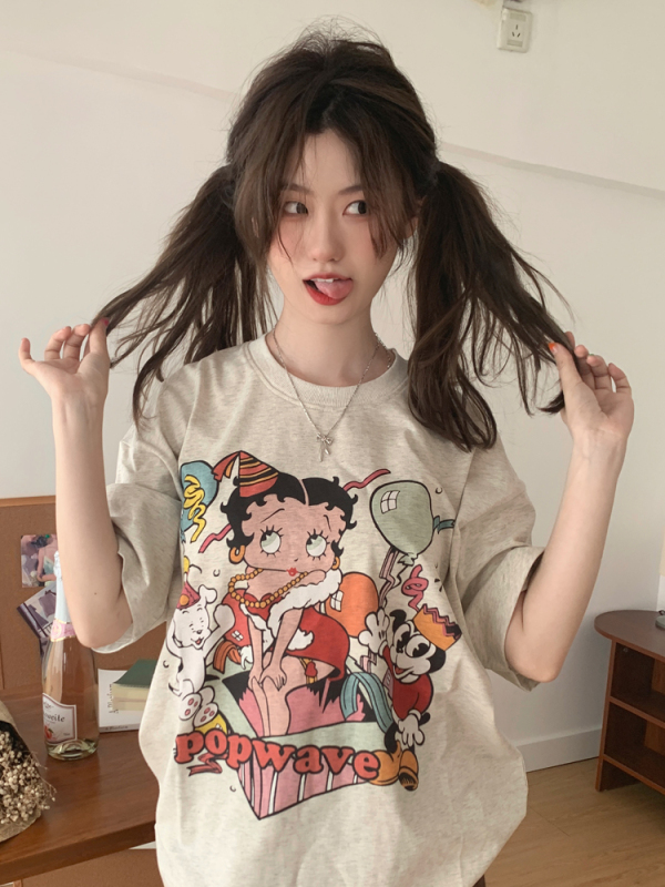 American retro Betty girl cartoon men's and women's short sleeve loose casual round neck T-shirt pure cotton top
