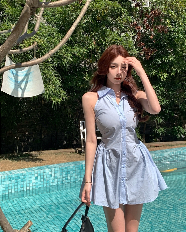 [YG] Korean version shows thin temperament, open shoulder and waist shirt sleeveless dress 8652# lwy