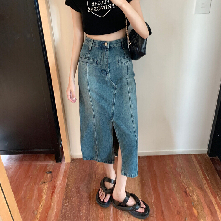 [timely rain] Korean style ins Vintage Design feeling double pocket wrap hip thin denim skirt 55539# WPL