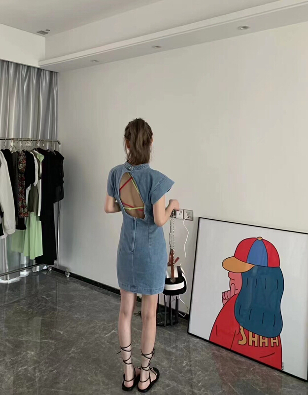[MI] Korean fashion open back design denim dress (without necklace) 9218# PCZ