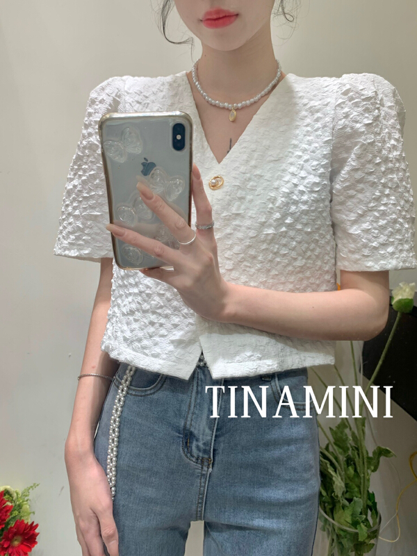 goods in stock! [Tina Mini] V-neck single breasted bubble sleeve shirt m6635# hjy
