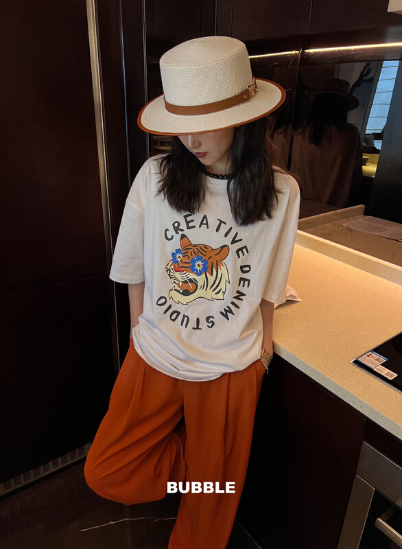 [bubble] round neck print versatile short sleeve T-shirt 22t107# ozq