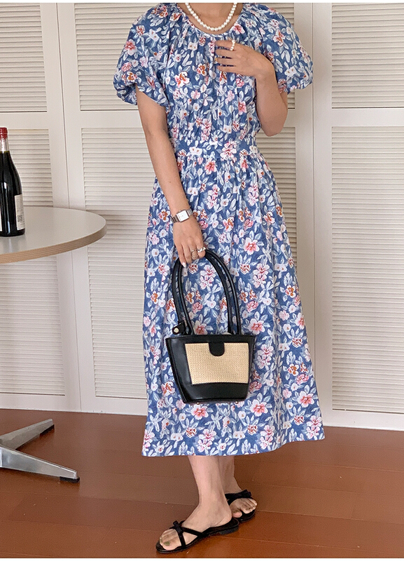[the mind] Korean elegant back hollowed out Lantern Sleeve floral dress 60326# XYJ