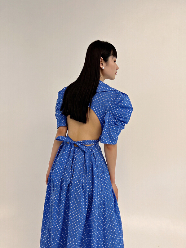 [d.two D2] baby collar wave point backless bubble sleeve dress 2203169# CSX