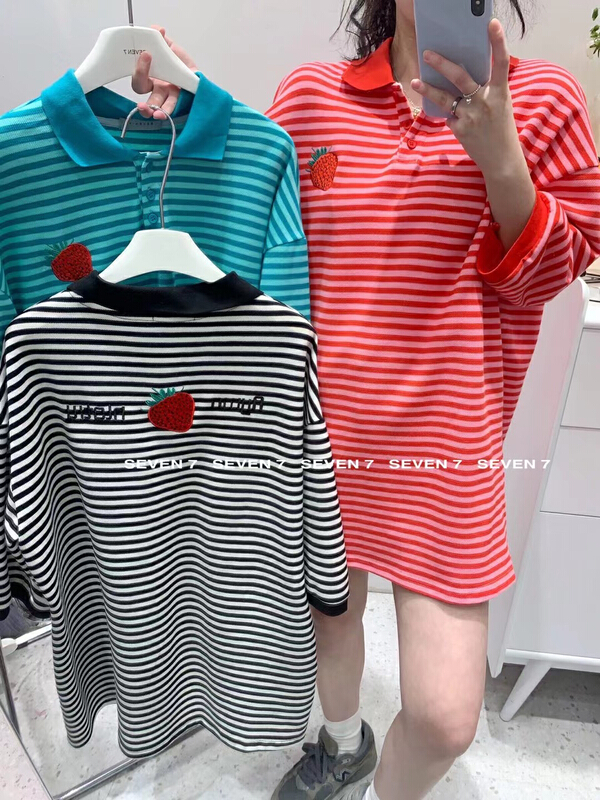 [seven 7] embroidered strawberry fashion Stripe Polo Shirt ys1-8169# WTT