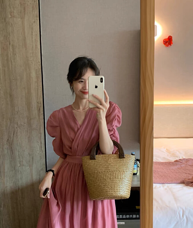 [SIMIDA/DOROE] Temperament Lady V-Collar Bubble Sleeve Dress 10721# ZXL