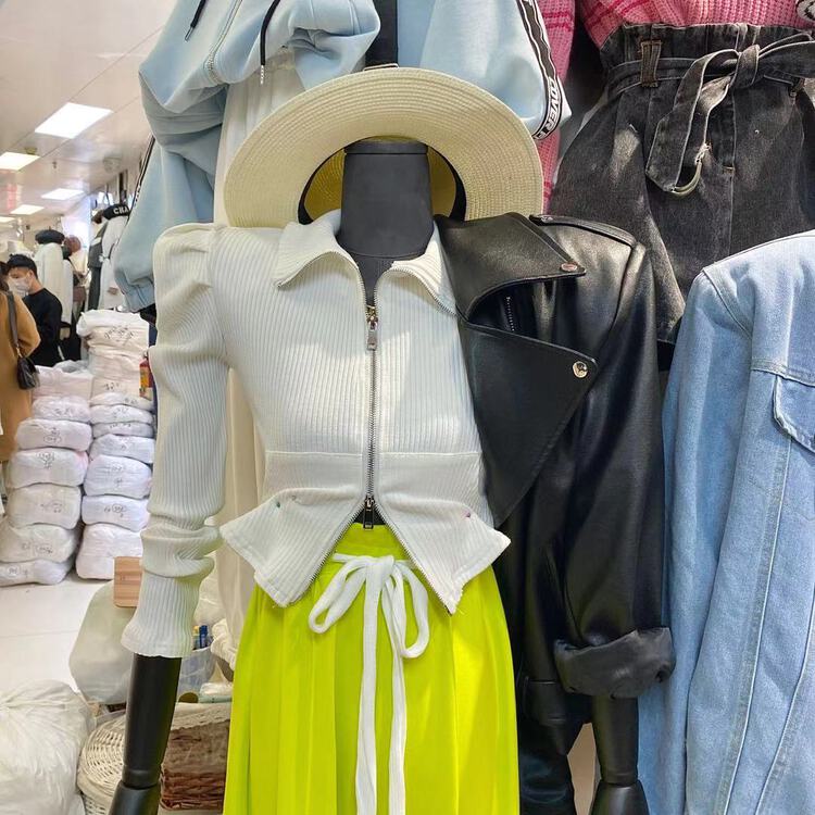 goods in stock! New year in early spring! [CICI studio] bubble sleeve zipper slim fitting long sleeve T-shirt 2219# zxl