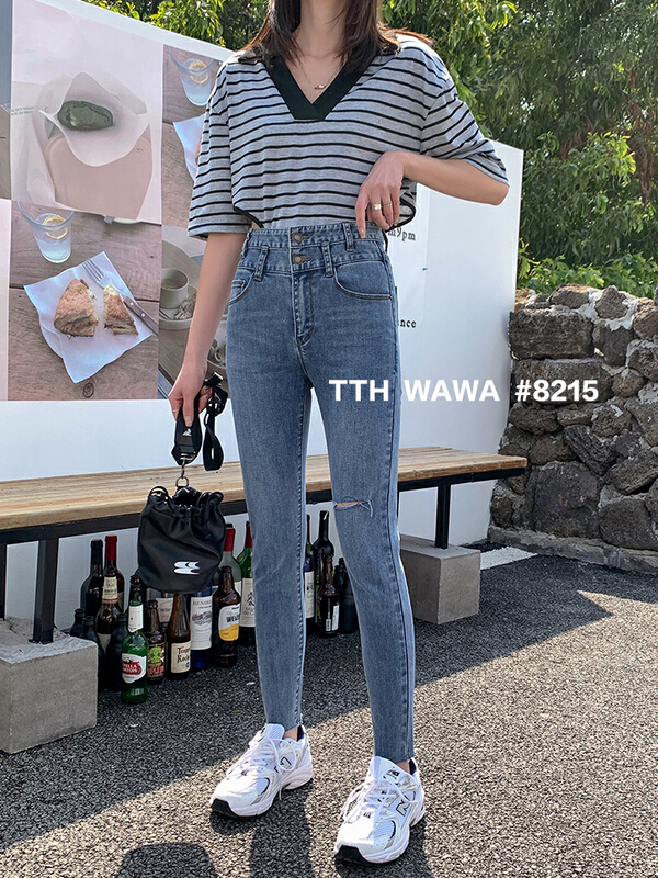 [Wawa] Korean casual versatile elastic legged jeans 8215# ozq