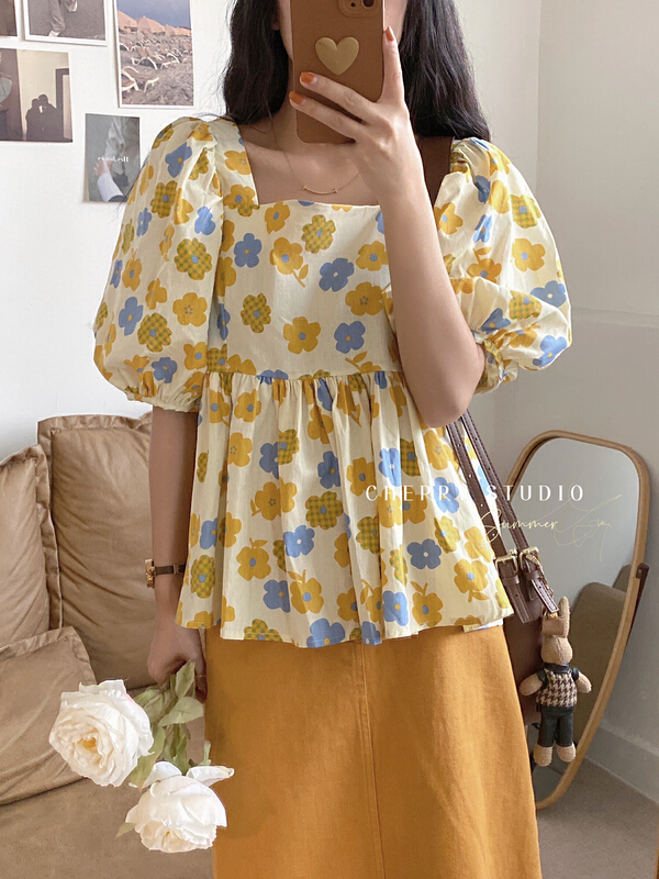 [cherry studio] square neck flower Japanese versatile shirt 5210\hbx
