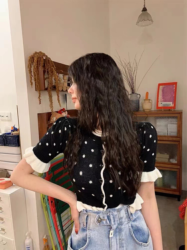 [ruru-clutching] Korean version single breasted wave dot short sleeved sweater 6509# WPL