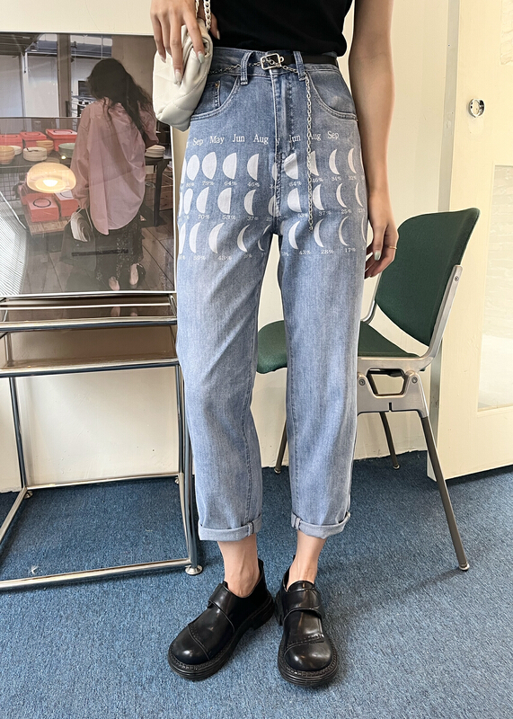 New in early summer! [Mujia] Korean printed versatile jeans (with belt) 17271# XYY