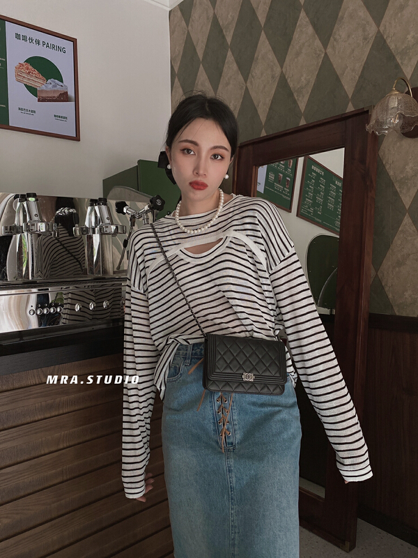 [MRA] Korean stripe contrast color chest hollowed out sunscreen shirt m1858# zxl