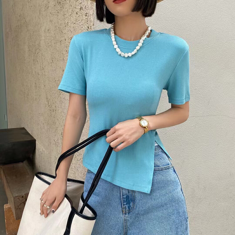 New in early summer! [Yuanxi] slit round neck slim fit short sleeve T-shirt 634# LSL