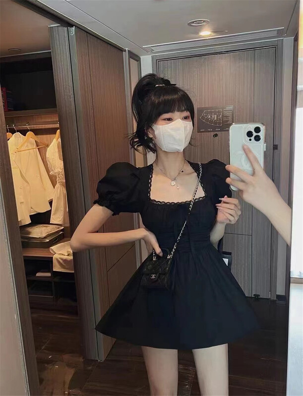 [little woman] French square neck simple dress (excluding necklace) 22163# PCZ