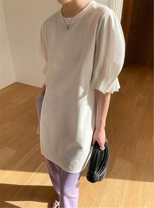 [SYC] Korean solid color medium long slit bubble sleeve short sleeve T-shirt 22152# cqw