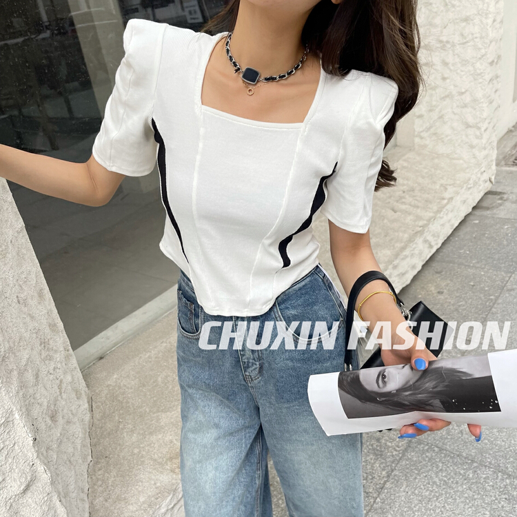 New in early summer! [c.x original heart] square neck color contrast splicing short sleeve T-shirt 6083# WTT