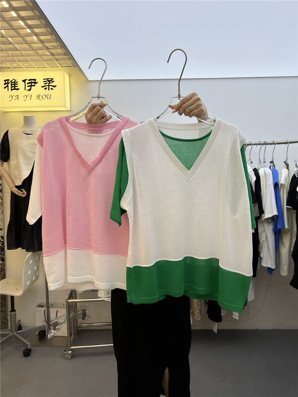 [yayirou] splicing fake two fashionable Korean knitwear 6619# hyy