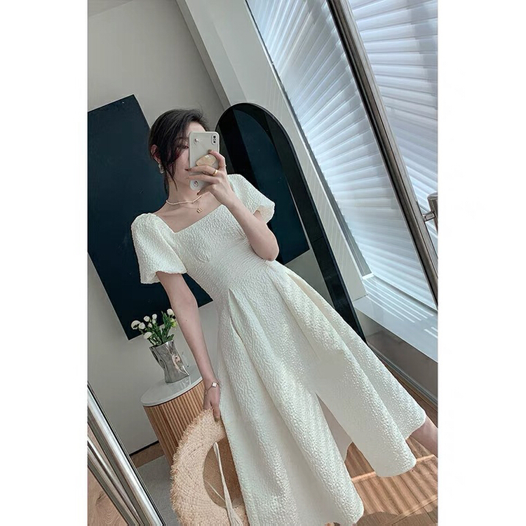 New in early summer! [L.L studio] waist closing Vintage square neck bubble sleeve dress 7387# PCZ