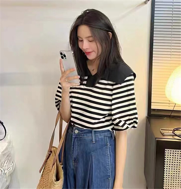 [Susan] Navy collar stripe versatile shirt 18552# LSW